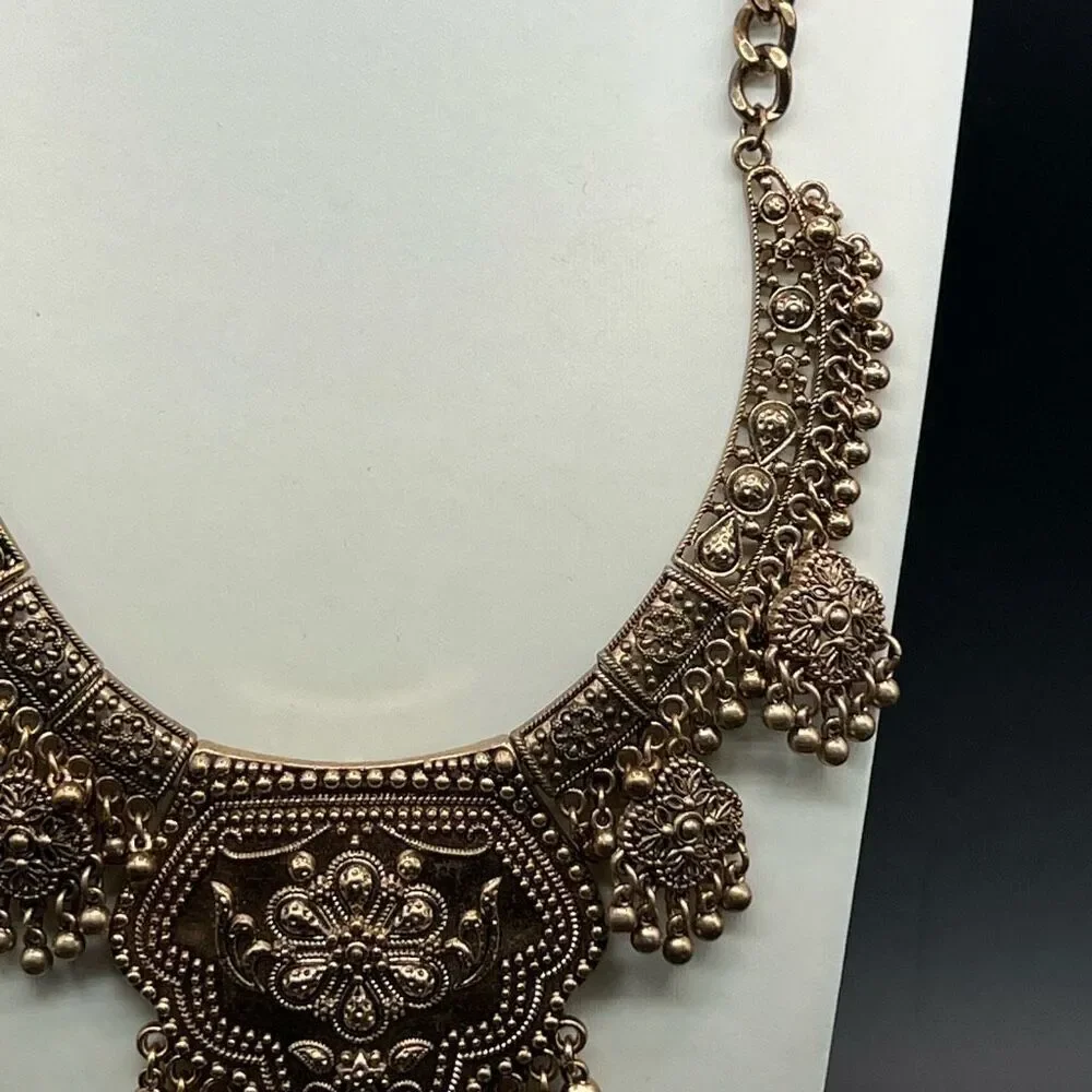 Middle Eastern Necklace Ornate Engravings Statement Collar Ethnic Gold Tone - Picture 4 of 9